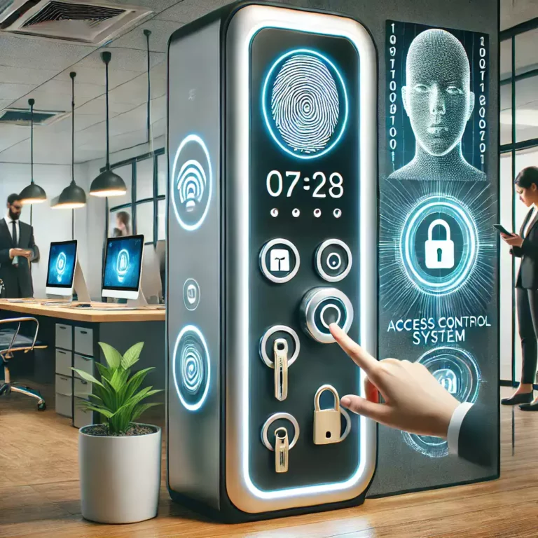 Elektroniczny system kontroli dostępu z klawiaturą i depozytorem kluczykowym w nowoczesnym biurze.